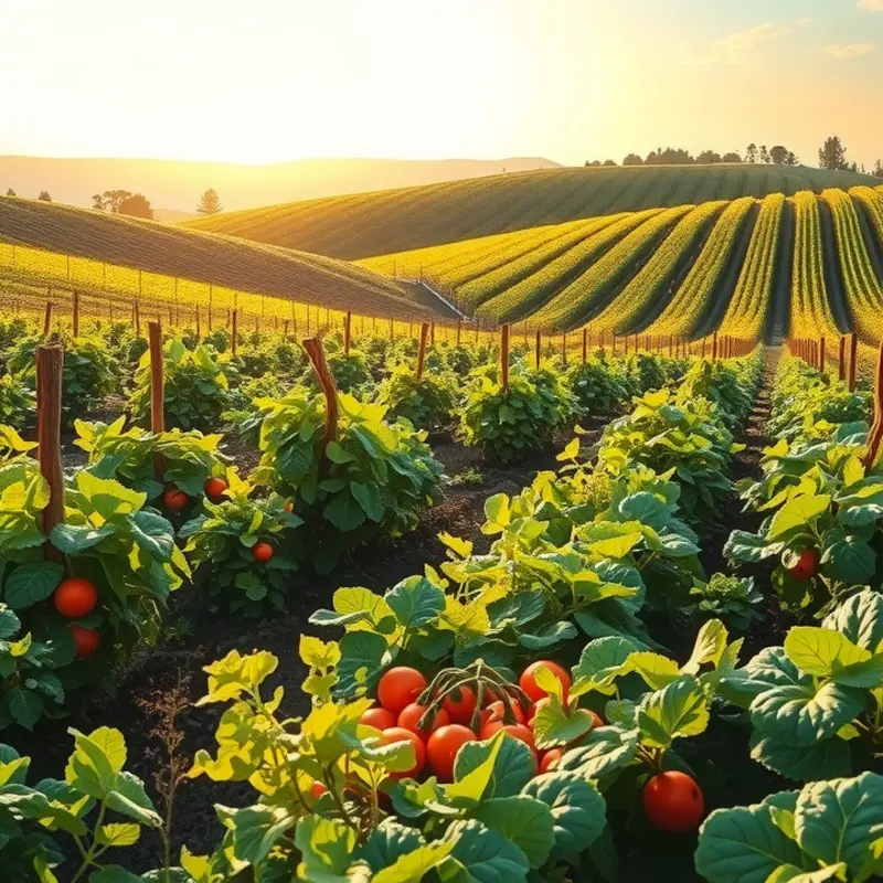 A lush, sunlit field of vibrant organic vegetables and fruits.