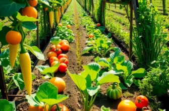 A serene landscape featuring a variety of ripe organic vegetables and fruits under soft sunlight.