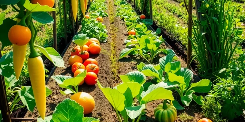 A serene landscape featuring a variety of ripe organic vegetables and fruits under soft sunlight.