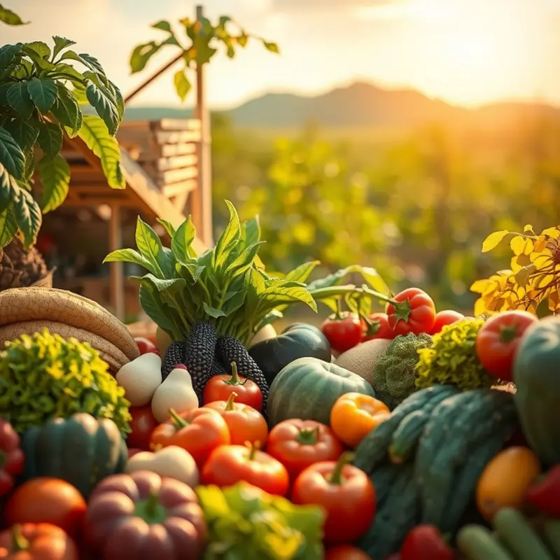 A sunlit field showcasing vibrant vegetables and fruits among lush greenery.