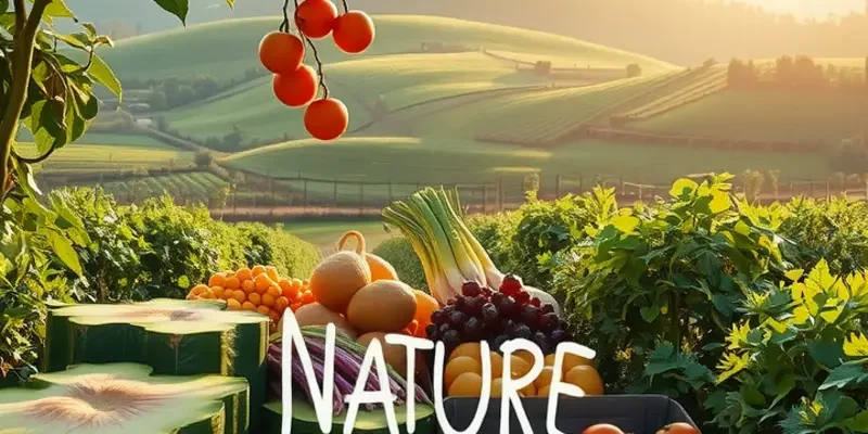 A beautiful sunlit field filled with various vibrant organic vegetables and fruits surrounded by lush hills.