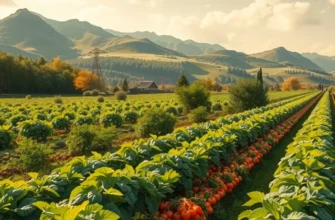 A photorealistic depiction of an organic landscape filled with healthy produce.