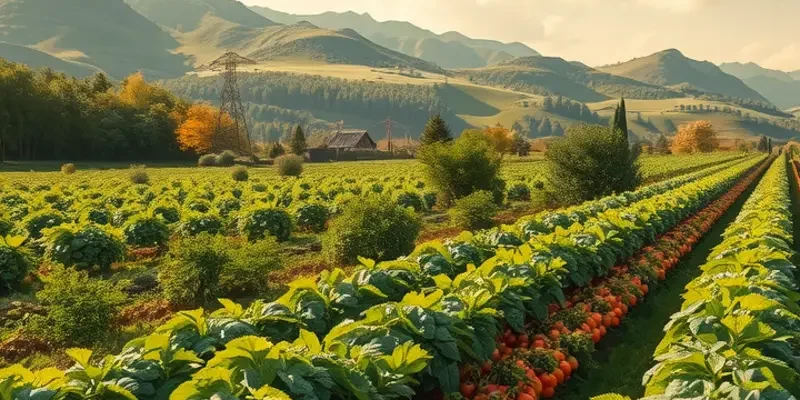 A photorealistic depiction of an organic landscape filled with healthy produce.