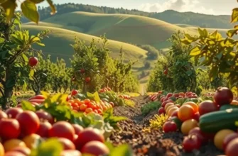 A photorealistic scenery of a lush landscape rich in organic fruits and vegetables, emphasizing natural abundance.
