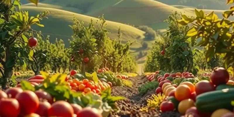 A photorealistic scenery of a lush landscape rich in organic fruits and vegetables, emphasizing natural abundance.