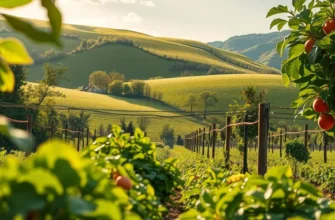 Lush green landscape filled with fresh organic fruits and vegetables basking in sunlight.
