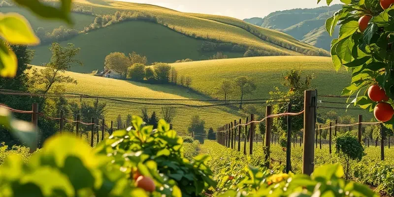 Lush green landscape filled with fresh organic fruits and vegetables basking in sunlight.