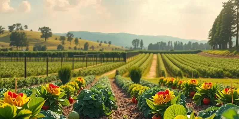 A serene landscape depicting lush organic produce amidst gentle hills and bright sunlight.