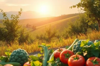 A beautiful sunlit landscape rich with organic vegetables and fruits, promoting the idea of a sustainable diet.