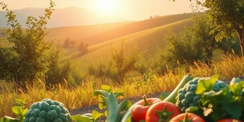 A beautiful sunlit landscape rich with organic vegetables and fruits, promoting the idea of a sustainable diet.