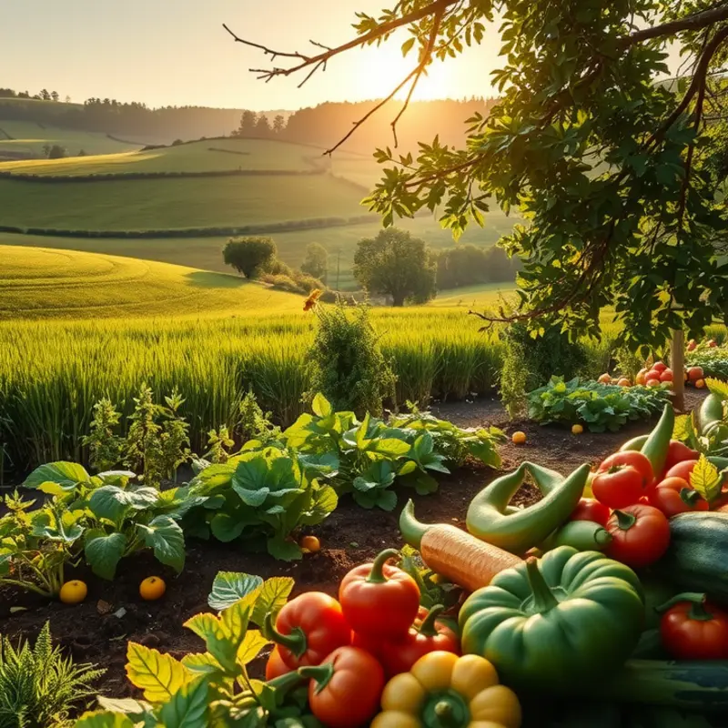 A sunlit field showcasing vibrant vegetables and fruits.