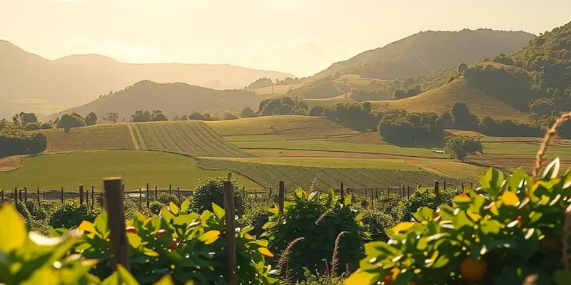 A natural landscape showcasing a variety of fruits and vegetables in lush greenery.