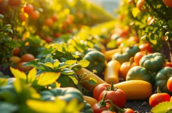 A lush green landscape showcasing an array of healthy organic produce under warm sunlight.