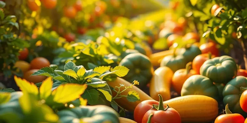 A lush green landscape showcasing an array of healthy organic produce under warm sunlight.