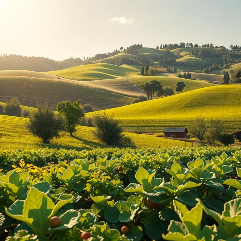 A vibrant sunlit field showcasing the abundance of organic vegetables and fruits.