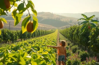 A picturesque landscape featuring lush greenery and a variety of organic fruits and vegetables.