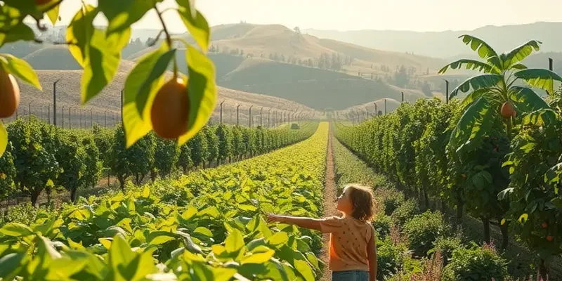 A picturesque landscape featuring lush greenery and a variety of organic fruits and vegetables.