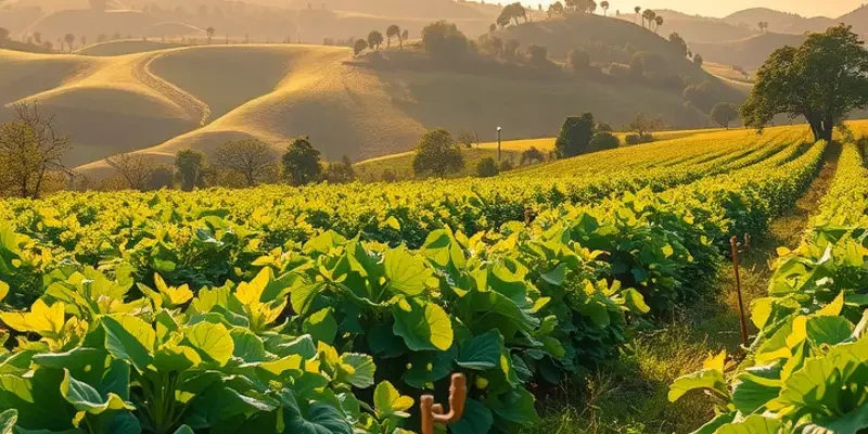 A scenic landscape of vibrant organic produce under sunlight.