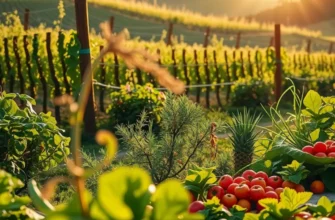 Photorealistic view of an orchard with bright fruits and vegetables, representing healthy meal planning.