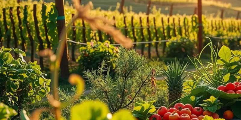 Photorealistic view of an orchard with bright fruits and vegetables, representing healthy meal planning.