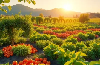 A sunlit field showcasing vibrant vegetables and fruits in a serene, organic setting.