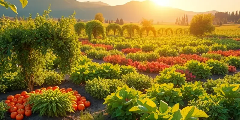 A sunlit field showcasing vibrant vegetables and fruits in a serene, organic setting.