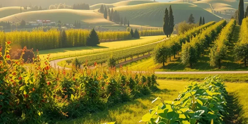 A vivid landscape of an organic field filled with fruits and vegetables under natural light.