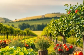 A peaceful sunlit orchard with an abundance of organic fruits and vegetables.