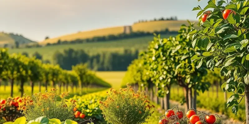 A peaceful sunlit orchard with an abundance of organic fruits and vegetables.