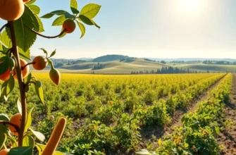 A scenic view of an organic field filled with vibrant vegetables and fruits.