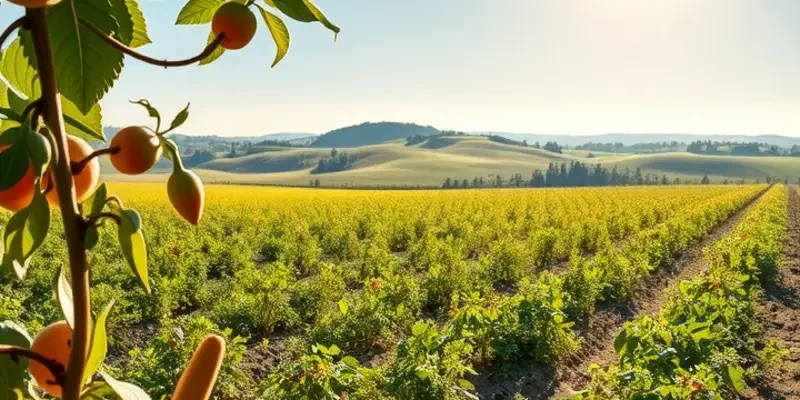 A scenic view of an organic field filled with vibrant vegetables and fruits.
