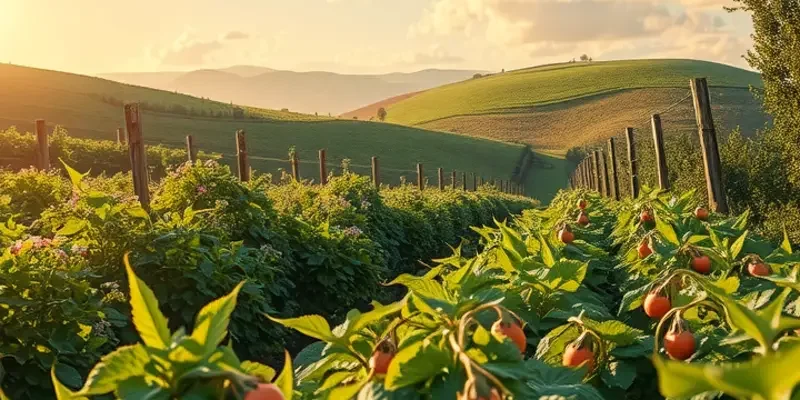 A scenic view showcasing a field of organic vegetables and fruits thriving in natural sunlight.