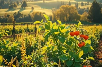 Photorealistic image of a peaceful landscape with vibrant organic produce in a natural setting.