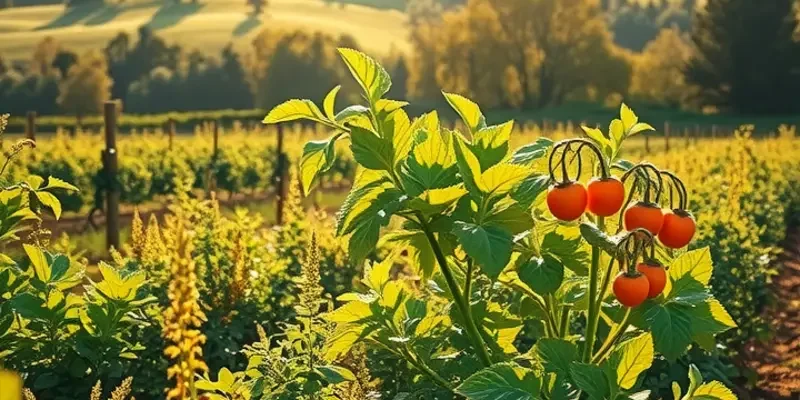 Photorealistic image of a peaceful landscape with vibrant organic produce in a natural setting.