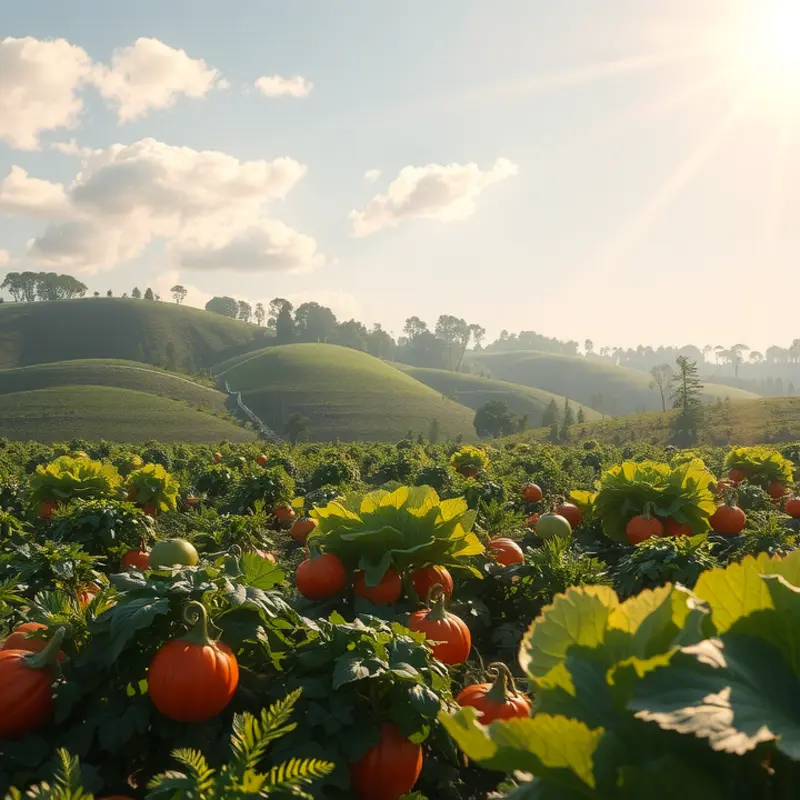 A lush orchard filled with vibrant, organic produce under soft sunlight.