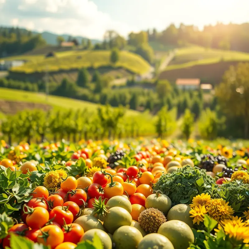 A lush orchard filled with vibrant, organic produce under soft sunlight.