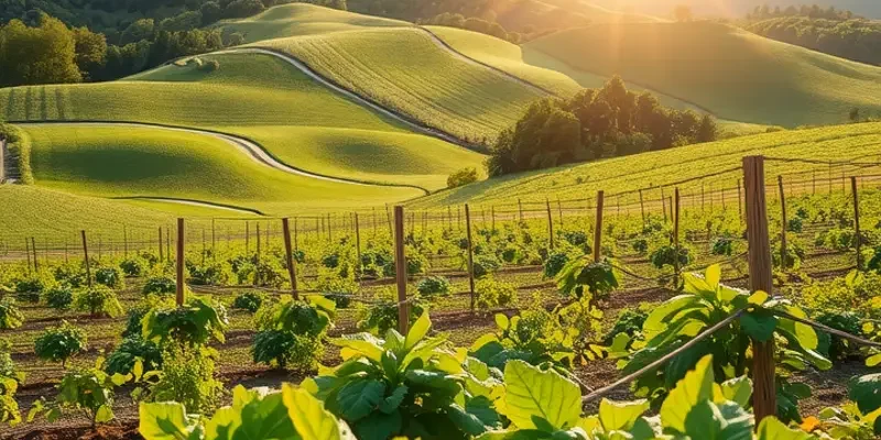 A peaceful orchard with an abundance of healthy, organic vegetables and fruits.