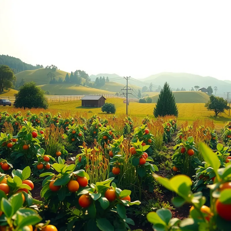 A sunlit orchard flourishing with vibrant fruits and vegetables.