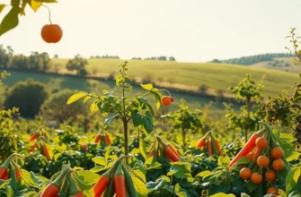 Picturesque view of organic fruits and vegetables flourishing in a sunlit natural setting.
