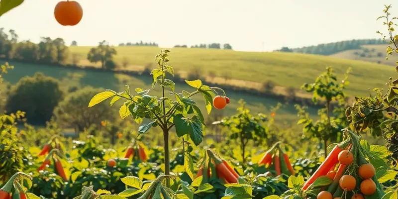 Picturesque view of organic fruits and vegetables flourishing in a sunlit natural setting.