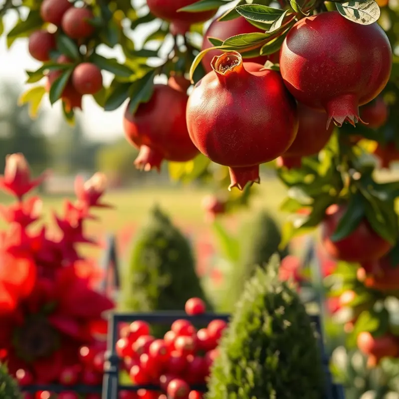 Lush pomegranate trees bearing ripe fruit in a sunlit orchard.
