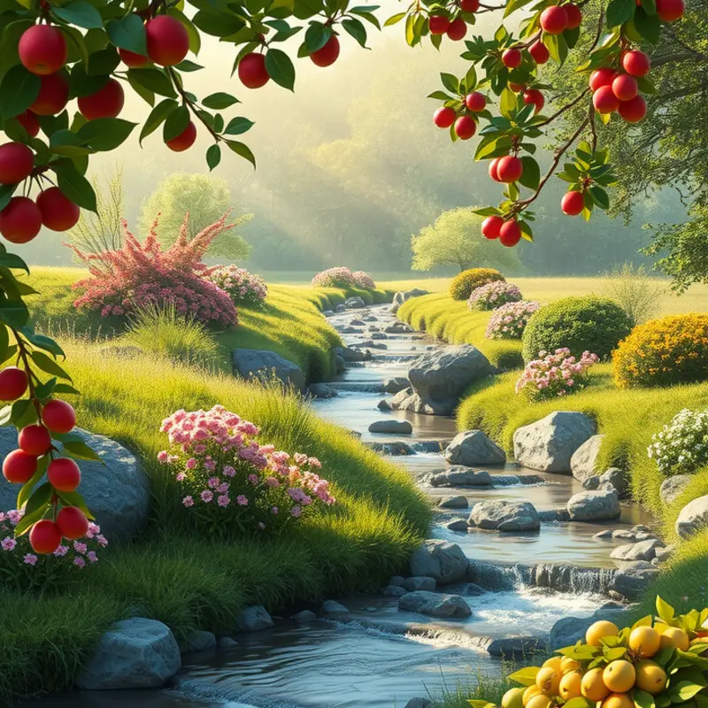Lush pomegranate trees bearing ripe fruit in a sunlit orchard.