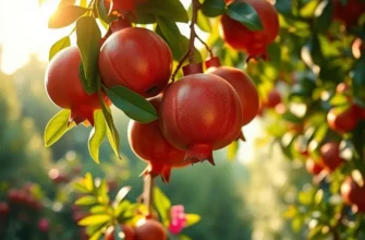 A flourishing orchard sunlit with ripe pomegranates and other fruits, depicting the richness of healthy nutrition.