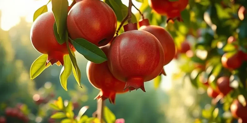 A flourishing orchard sunlit with ripe pomegranates and other fruits, depicting the richness of healthy nutrition.