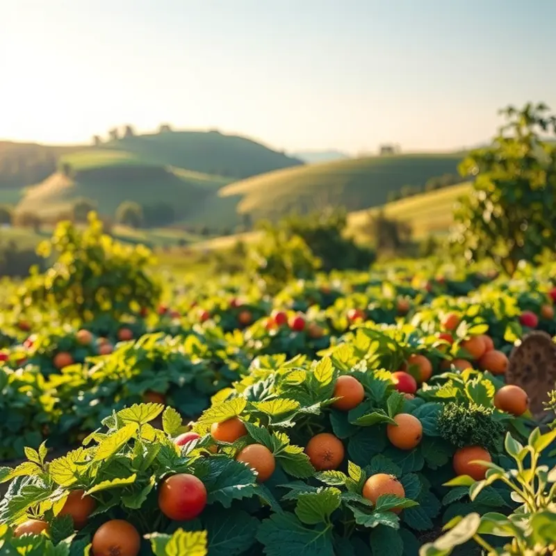 A natural landscape showcasing vibrant fruits and vegetables, emphasizing the importance of potassium and magnesium.