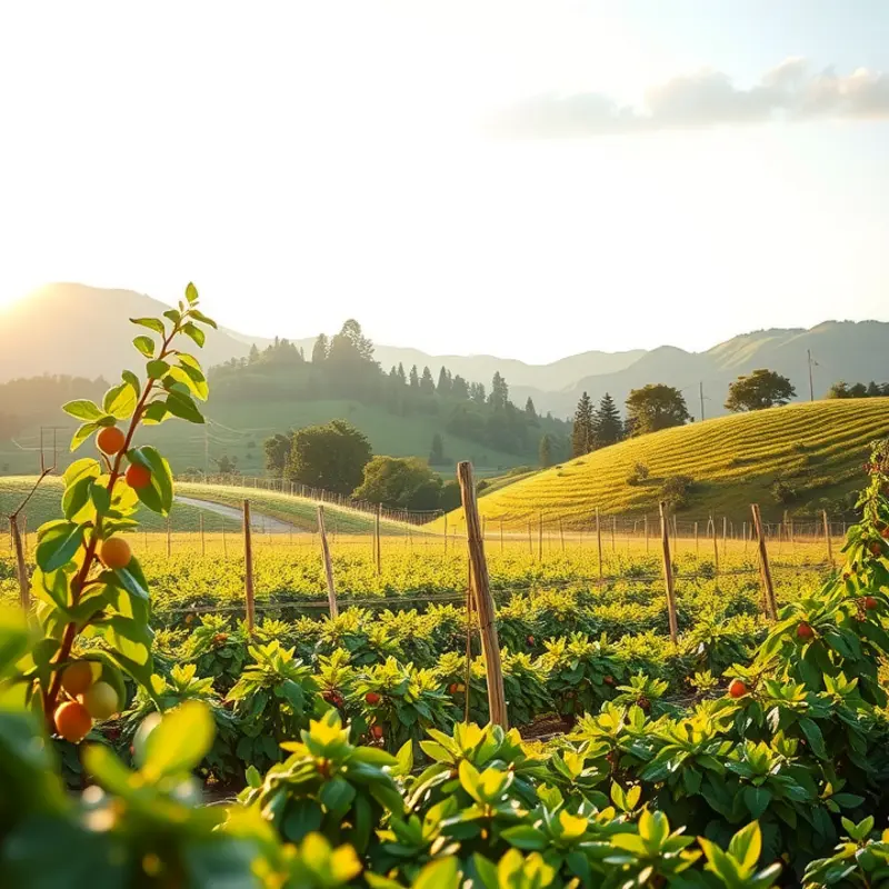 A vibrant sunlit field showcasing fresh vegetables and fruits in a naturally lush setting.