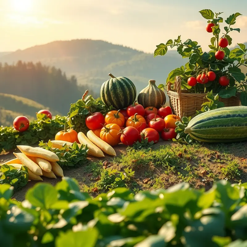 A lush sunlit field showcasing organic vegetables and fruits, embodying the essence of mindful eating.