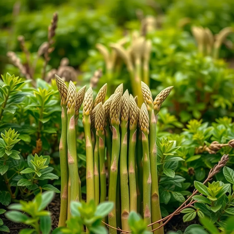 A lush garden scene featuring vibrant asparagus intertwined with other organic vegetables.