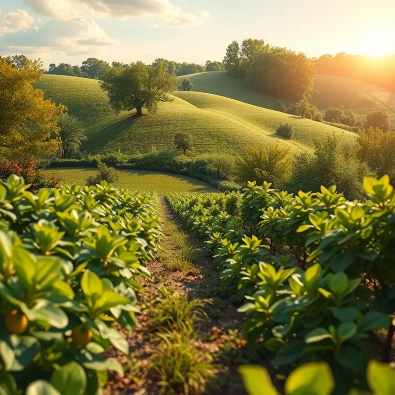 A sunlit field showcasing vibrant organic vegetables amidst lush greenery.