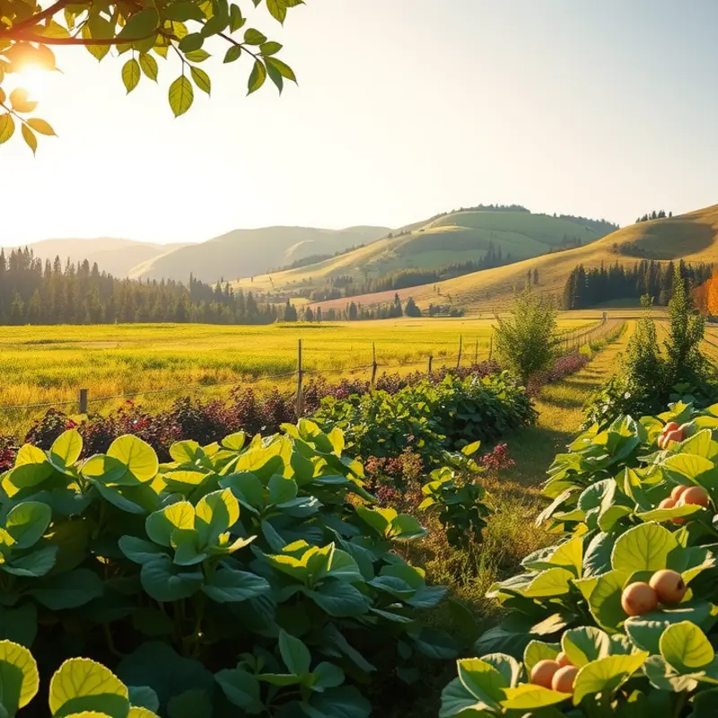 A sunlit orchard flourishing with vibrant fruits and vegetables.